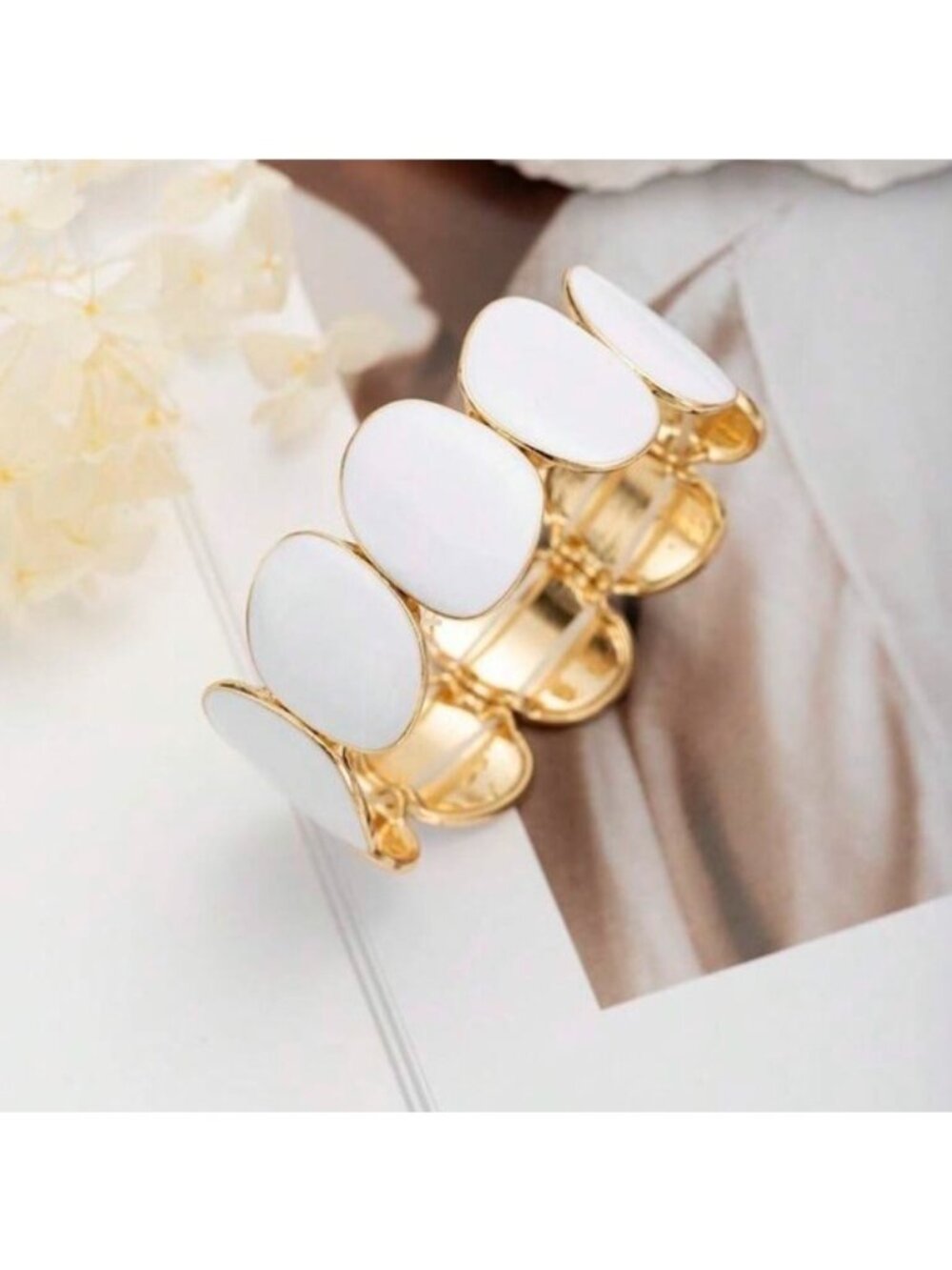Anthropologie Stylish Gold and White Elastic Oval Bracelet